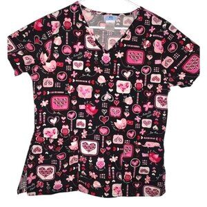 SB Scrubs Womens Heart Print V-Neck Short Sleeve Top S